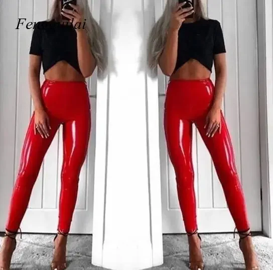 Mallas de cuero de aspecto mojado para mujer, Leggings de cintura alta, elásticos, ajustados, rojo y negro, pantalones de moda de Pu, S-3Xl