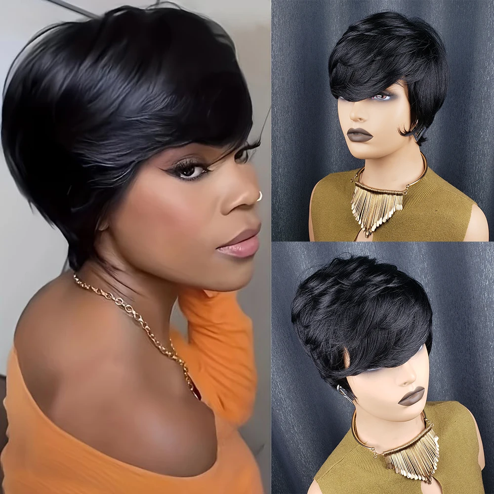 Короткий прямой парик с стрижкой пикси Бразильские парики из натуральных волос с предварительно выщипанной челкой для женщин Машинное производство 100% человеческие волосы Ежедневное использование