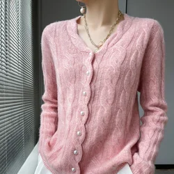 2023 Autumn And Winter New Wool Cardigan Female V-Neck Long-Sleeved Twisted Loose Pearl Button Sweater Bottoming Sweater Coat.