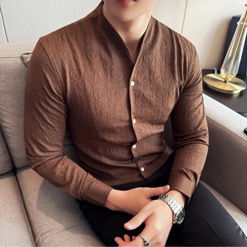 

Men's Long-Sleeve V-Neck Shirt with Botanical Print | Chinese-Style Casual Textured Button-Up for Daily Wear M-4XL