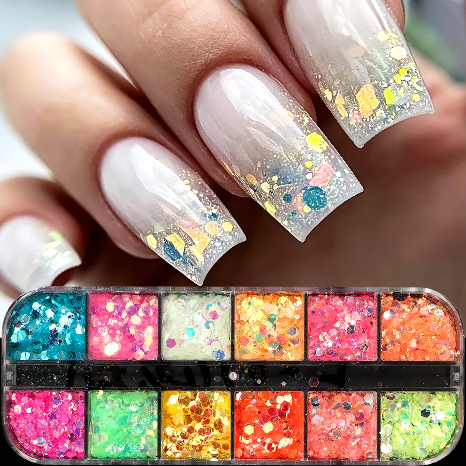 12 Grids Iridescent Holographic Nail Glitter Sequins Hexagonal Flakes Aurora Mermaid Chunky Sparkly Glitter Manicure Decorations