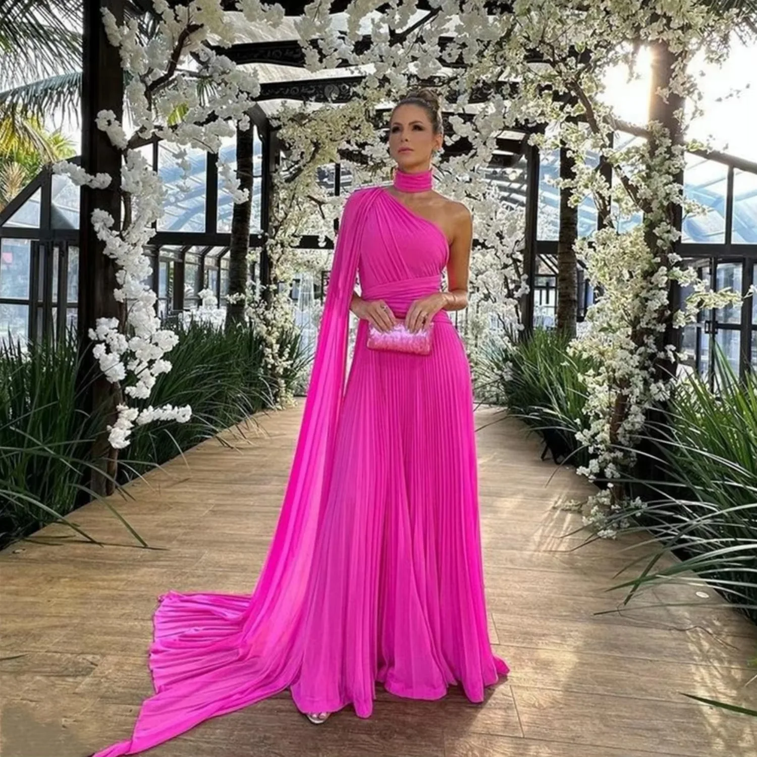 Women Dresses One Shoulder Pleated Long Evening Dress With Flowing Sleeve  Floor Length Ladies Formal Party Dresses