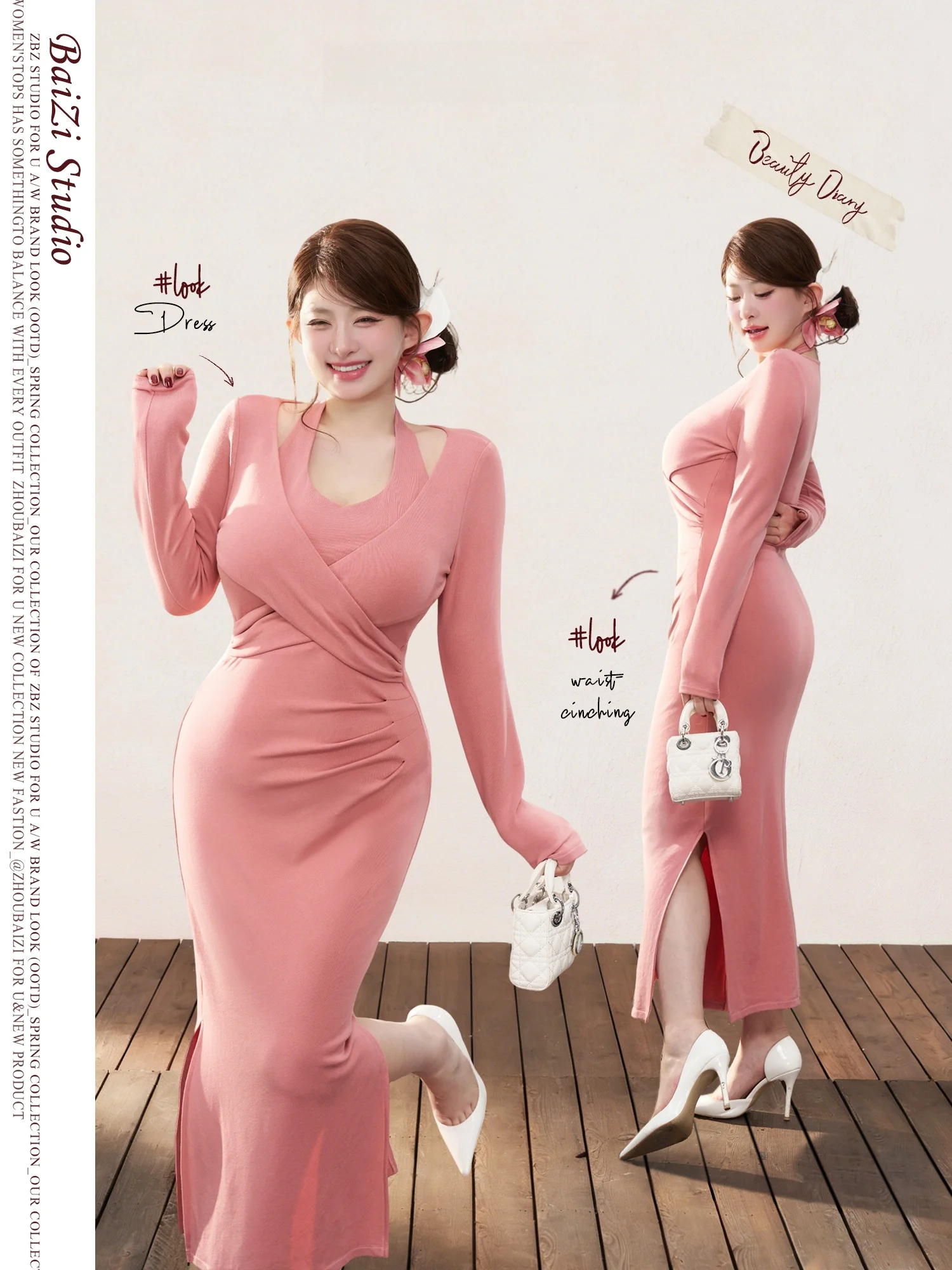 Saia Midi Ultra-Pink Ajustada para Uso Interno, Elegante e Justa, Manga Longa, Slim Fit, Outono Inverno, Feminina