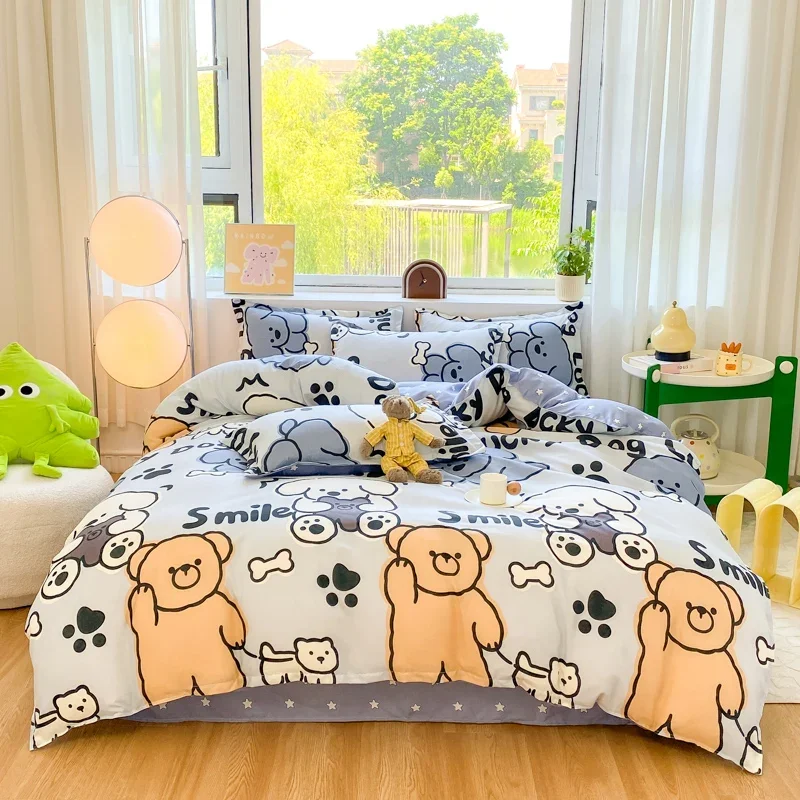 4pcs Cute Cartoon Dog Theme Duvet Cover Boy Girl Bedroom Decor Single Queen Bedding with Sheet Letter Printing Comforter Cover