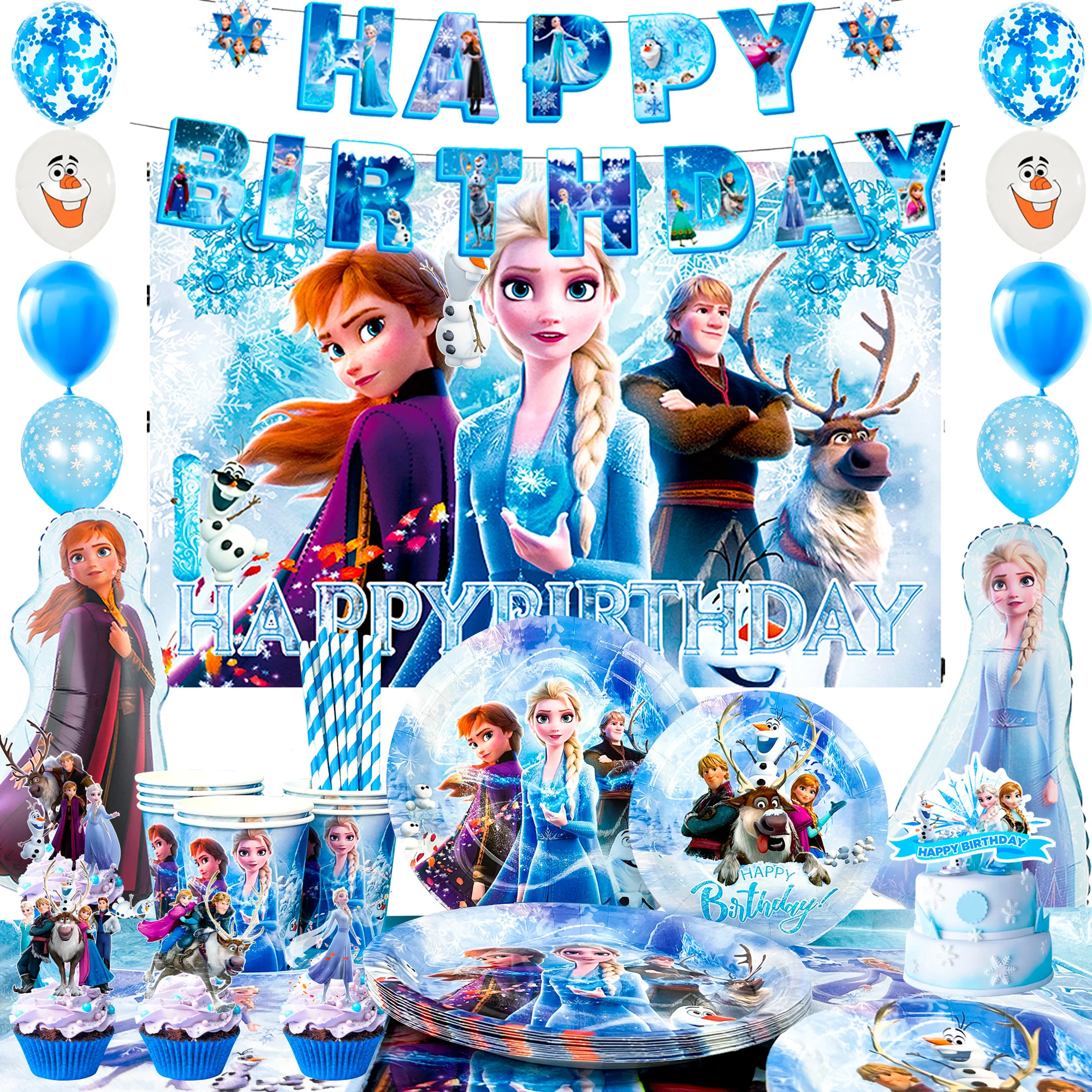 Ensemble de 124 pièces de décorations et de vaisselle sur le thème de La Reine des Neiges - Assiettes, serviettes, bannière, toile de fond, ballons, etc. - Fournitures pour fête d'anniversaire sur le