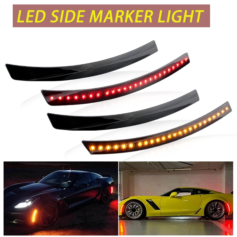 2/4PCS Smoked Lens Front Amber Rear Red LED Side Marker Lights Turn Signal Lamps Canbus For 2014-2019 Chevrolet Corvette C7