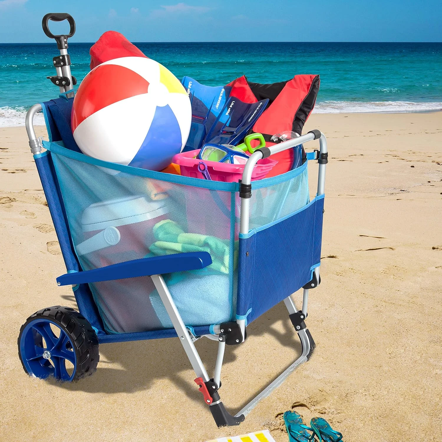 Beach Day Foldable Chaise Lounge Chair with Integrated Wagon Pull Cart Combination and Heavy Wheels - Perfect for Beach, Picnic