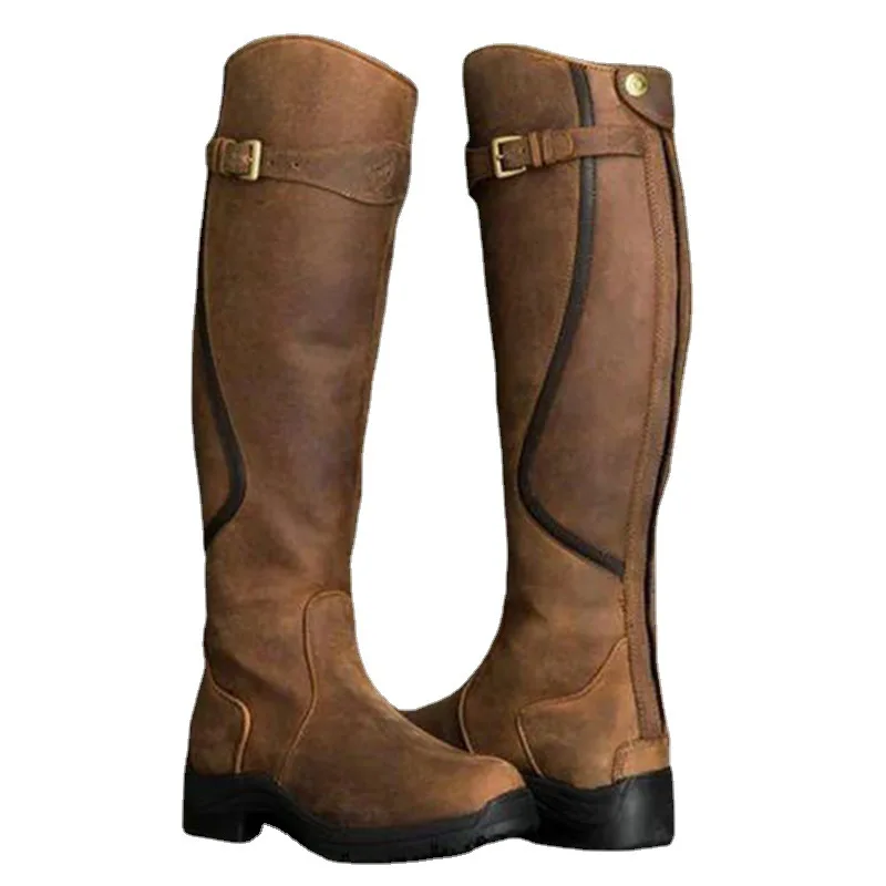 Damen-Pu-Leder-Stiefel mit plissierter Schnalle, flache Reißverschlussstiefel, Retro-schwarze Western-Cowboystiefel, flache runde Zehen, Cosplay-Ritterstiefel