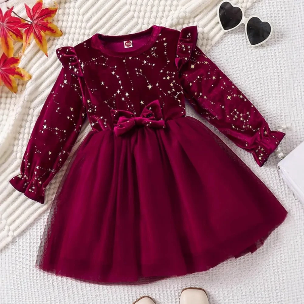 

Red New Year Party Children's Clothing Girls' Dresses Spring and Autumn Bow Sequin Decoration Long Sleeve Princess Dress