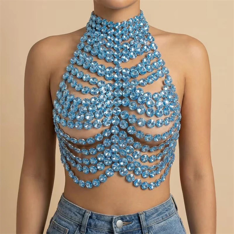 Damen Große Strass-Neckholder-Körperkette Top Funkelnder Kristall-Harness Crop-Top Körperschmuck Nachtclub Rave Party Kostüm Dropshipping – Detail 7