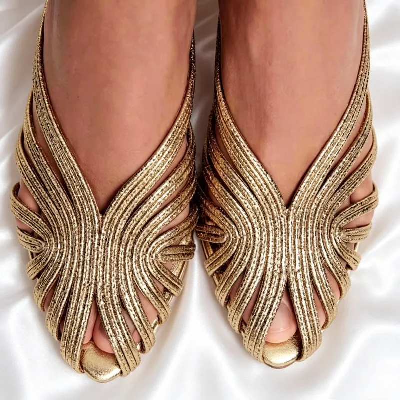 Gold Luxury Thin Heel Slippers Women Dress Shoes Summer New 2025 Hollow Beach Shoes Slides Designer Brand Sandals Ladies Pumps image 5