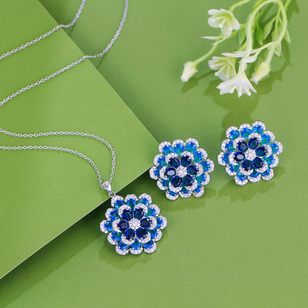 CWWZircons Art Deco Luxus-Ohrringe und Halskette mit blauem Zirkon in Blumenform, Damen-Partyschmuck-Sets, Großhandel T0195 – Detail 4