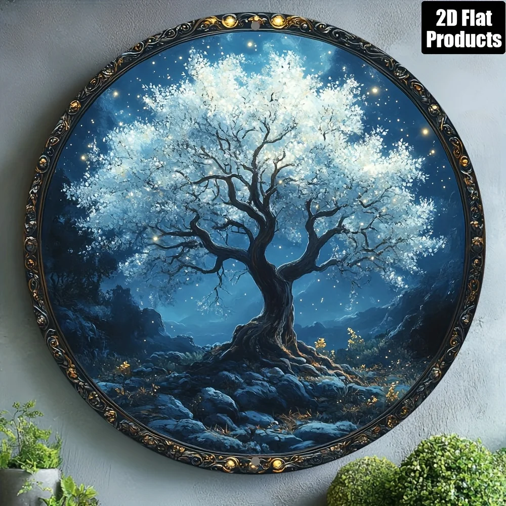 Tree of Life Mandala Metal Sign 8x8in Round Wall Decor for Home Bar Cafe