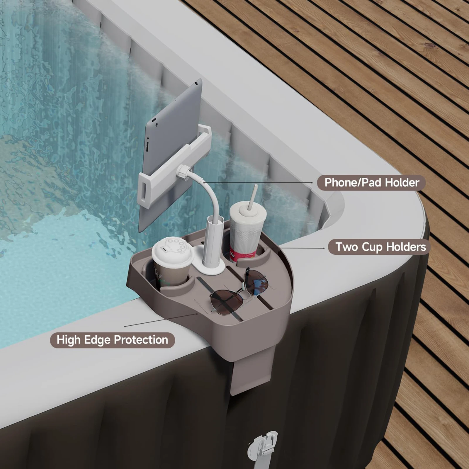 

Держатель для телефона в бассейне 3 в 1, с подстаканником, вращение на 360 градусов, регулируемый пружинный зажим, аксессуар для гидромассажной ванны для спа, напитков и закусок