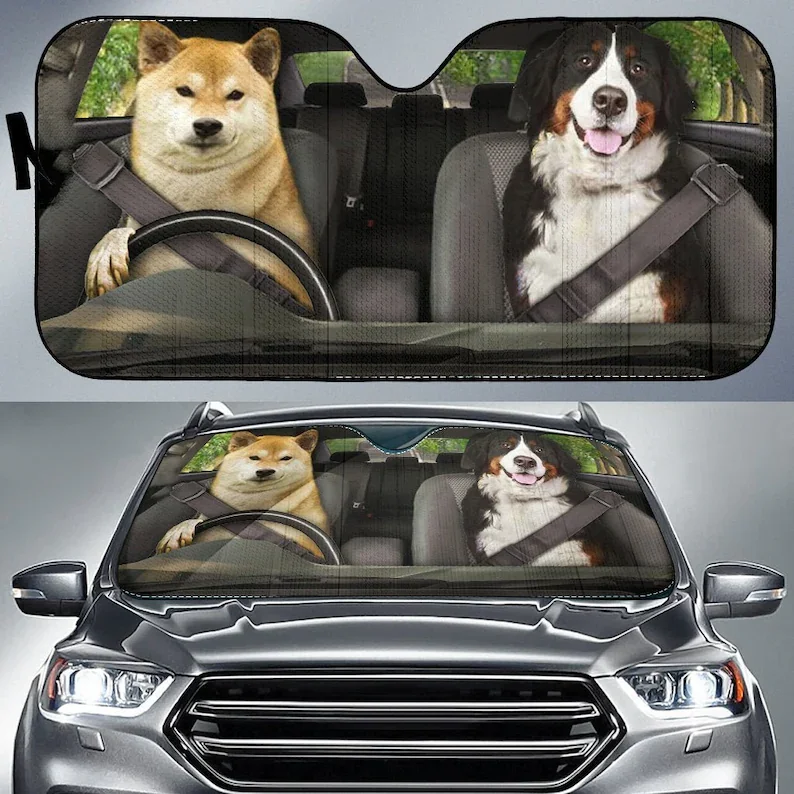 Dogs 2 Auto Sun Shade, Dog Design, Car Sun Shade, Car Decor, Custom Print, Car Accessories, Puppy, Pets, Pet Lovers, Dog Mom, Do