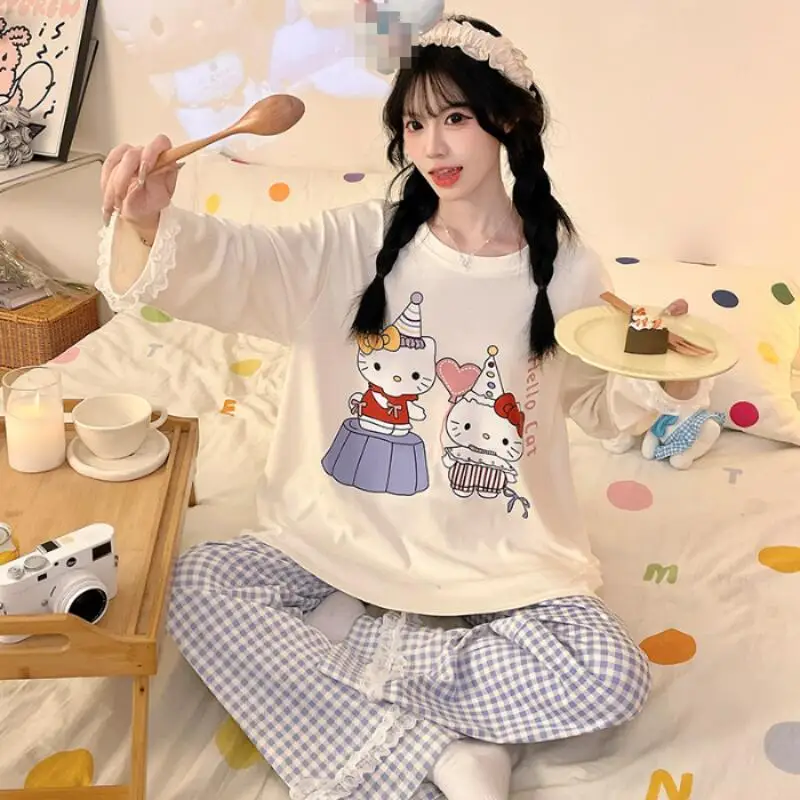 

Teen Thin Long Sleeve Long Pants Pajama Set Women's Cartoon T Shirt Home Clothes Women's Cotton Skin Friendly Soft Two Piece Set