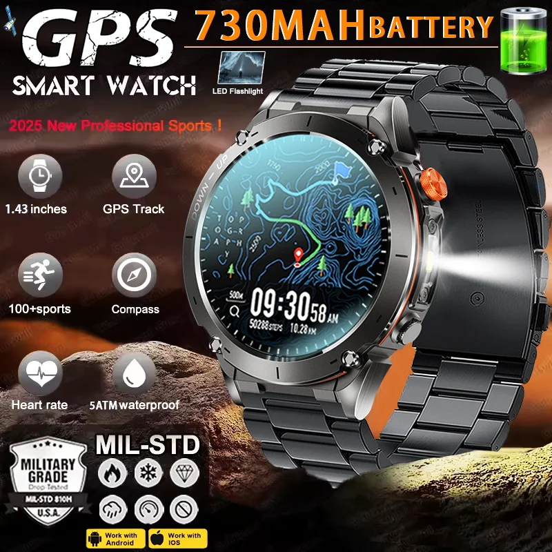 

2025 НОВЫЕ военные встроенные HD GPS на открытом воздухе RIDE Swim Смарт-часы Компас 730 мАч Батарея 10 АТМ Водонепроницаемые умные часы для спортивных звонков