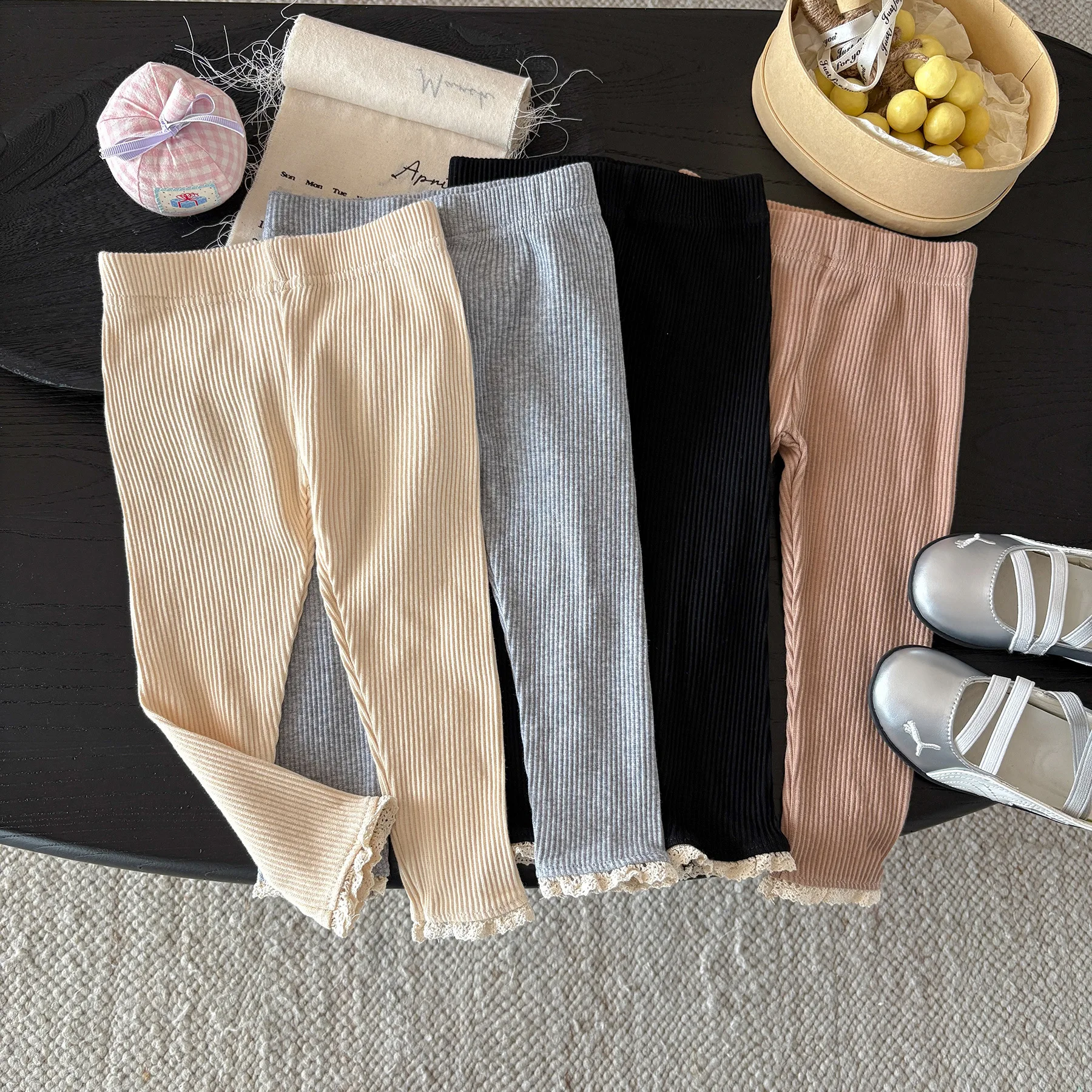 

2025 Autumn New Girls Lace Leggings Children Trousers Solid Toddler Casual Pants Baby Girl Cotton Ribbed Leggings Kids Clothes