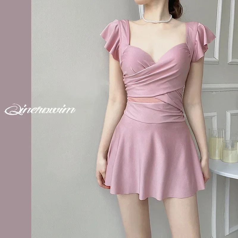

Women's One-piece Solid Color French Swimsuit Conservative Slimming Steel Support Bra Dress Style Swimsuit Hot Spring