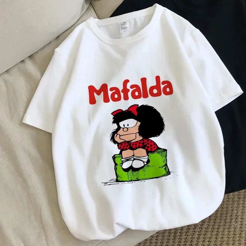 

Женская уличная одежда в стиле Харадзюку, модные топы, футболки Mafalda Kawaii, графическая Летняя женская хлопковая футболка с коротким рукавом, мультяшная одежда