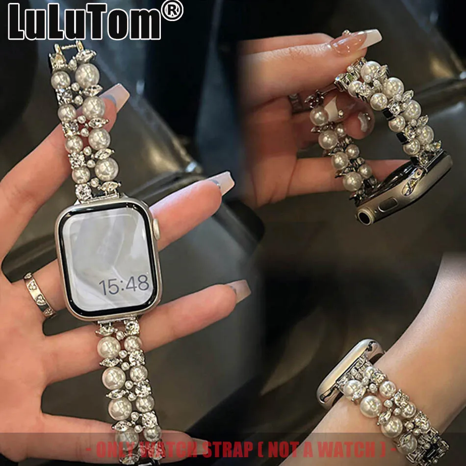 

Элегантный женский ремешок с жемчугом и бриллиантами для Apple Watch Series 11, 10, 9, 8, 7, 6, SE 5 4, UItra 3 iWatch 49/46/45/44/42/41/40/38 мм, браслет