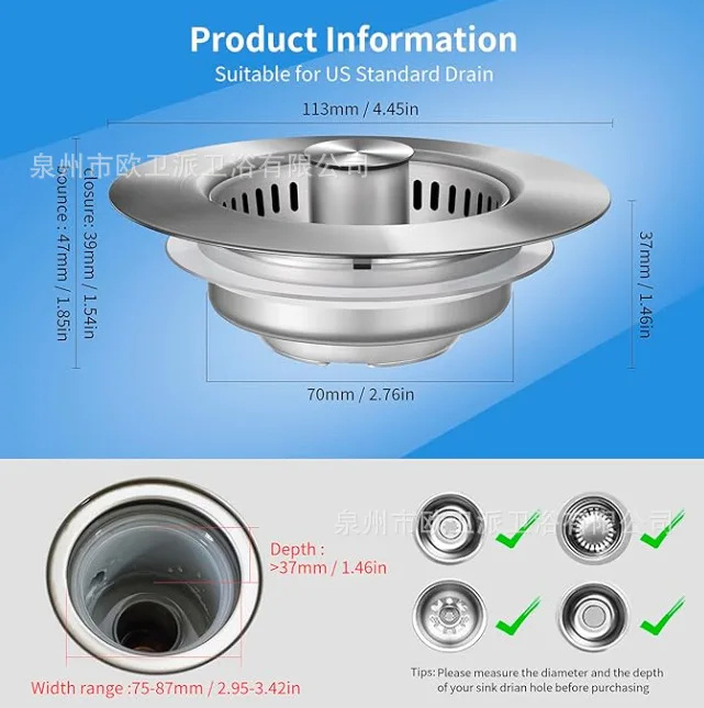 Cross-border Kitchen Sink Drain Filter Stainless Steel Pop-up Anti-clogging Sink Plug Vegetable Basin Food Collection Basket