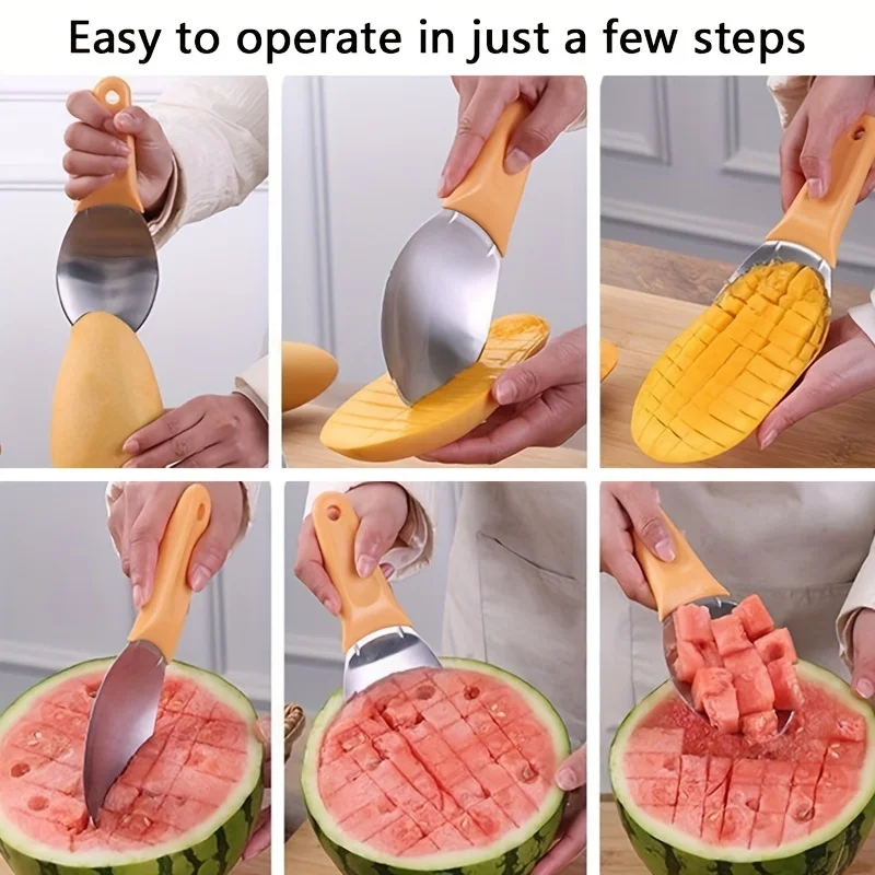 أداة تقطيع المانجو قطعة واحدة، أداة تخطيط الفاكهة المصنوعة من الفولاذ المقاوم للصدأ وقطاعة مكعبات مع مغرفة للاستخدام في الأفوكادو والبطيخ والمطبخ #2