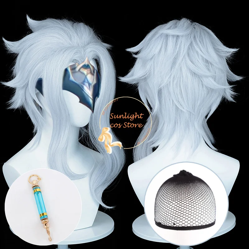 

Fatui Doctor Il Dottore Cosplay Wig 45cm Short Light Blue Wigs Heat Resistant Synthetic Hair Anime Party Game Wigs + Wig Cap