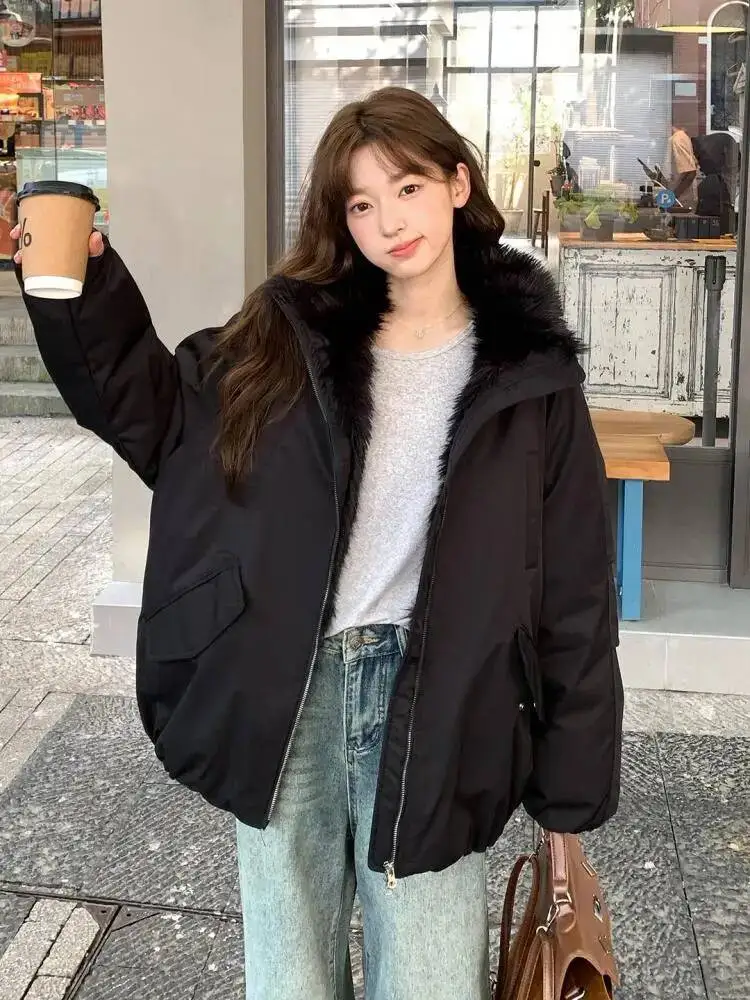 

New Ladies Patchwork Plush Neck Down Cotton Jacket 2026 Fashion Winter Long Sleeved Festival Coat Temperament Clothing