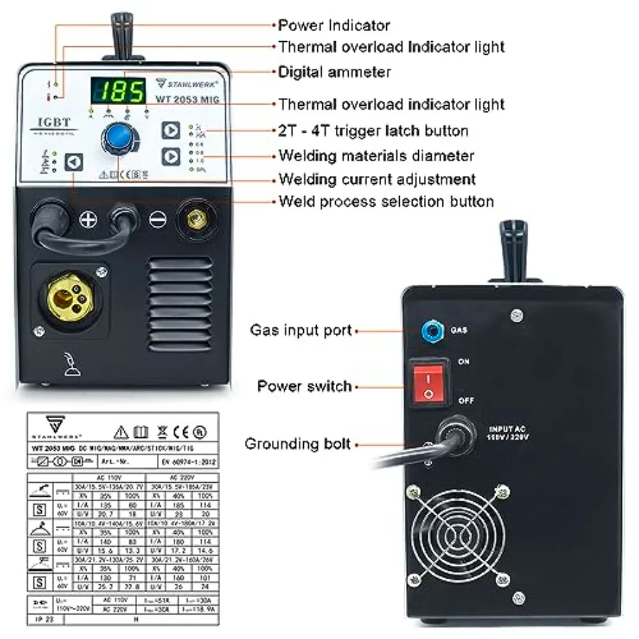 ماكينة لحام 185A 3in1 MIG للمشروعات الصناعية واليدوية: تدعم Flux Core MIG Lift TIG ولحام عصا بجهد مزدوج 110 فولت