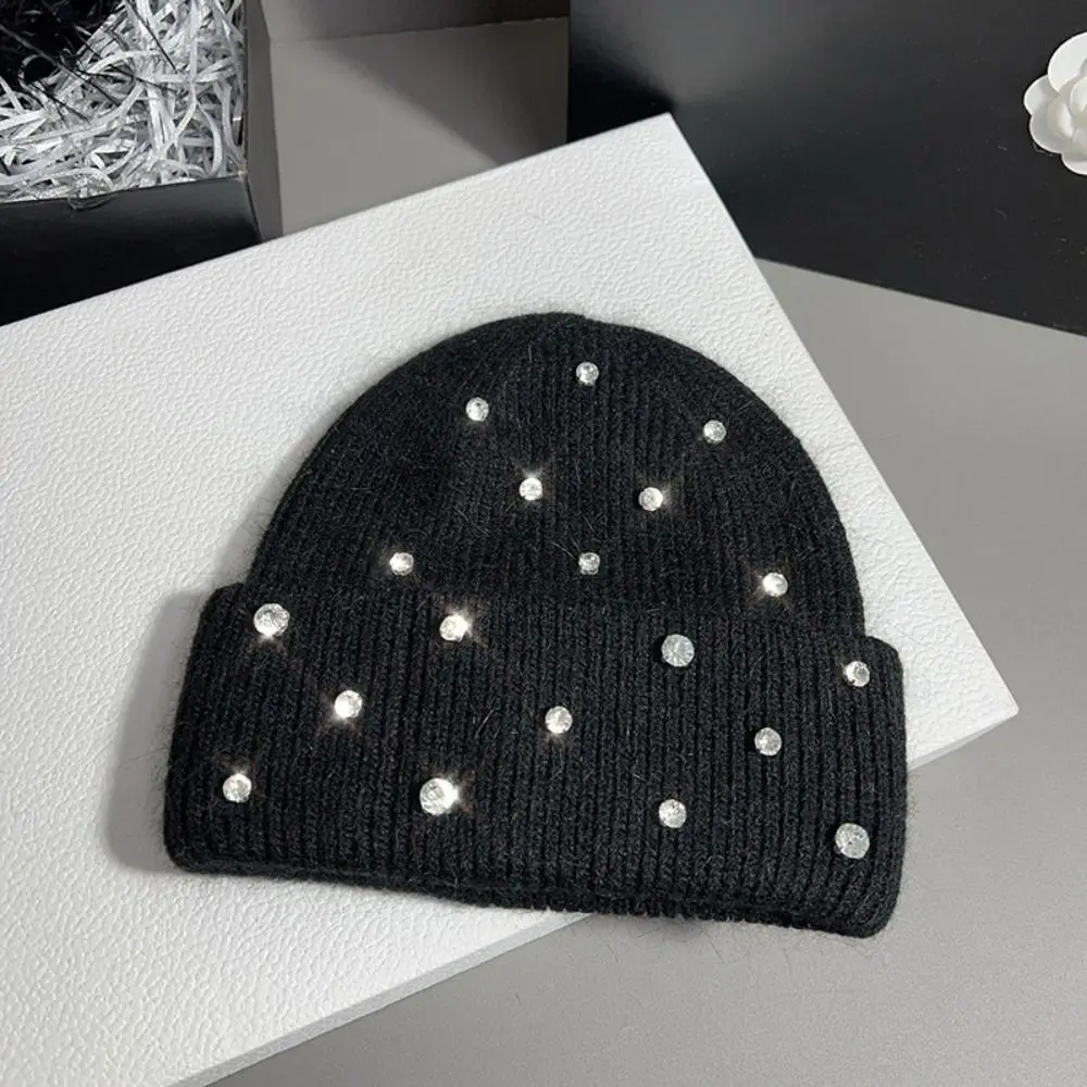 Luxury Rhinestone Beads Knitted Hat Rabbit Fur Casual Wool Skullies Cap Thickened Warm Bonnet Beaanies Women