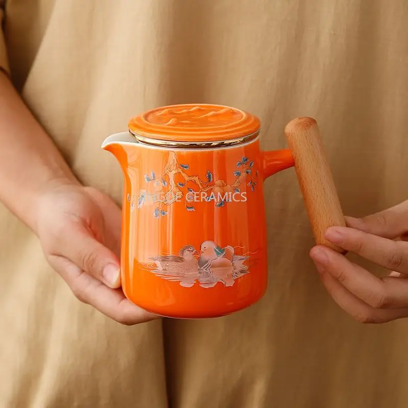 Portable Travel Kung Fu Tea Set Ceramic Teapot with Wooden Handle 4‑Piece Tea Cups with Storage Bag for Camping Trip Office
