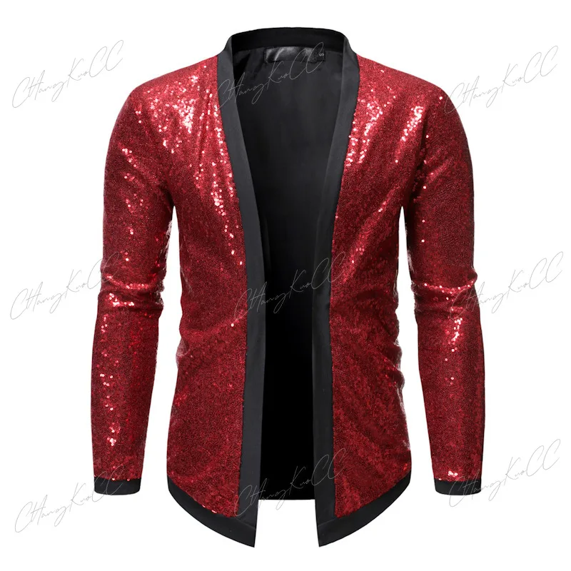 Chaqueta de lentejuelas doradas brillantes para hombre, cárdigan ajustado para hombre, Blazers para fiesta en club nocturno, DJ, escenario, cantante, espectáculo de baile, disfraz para hombre, nuevo