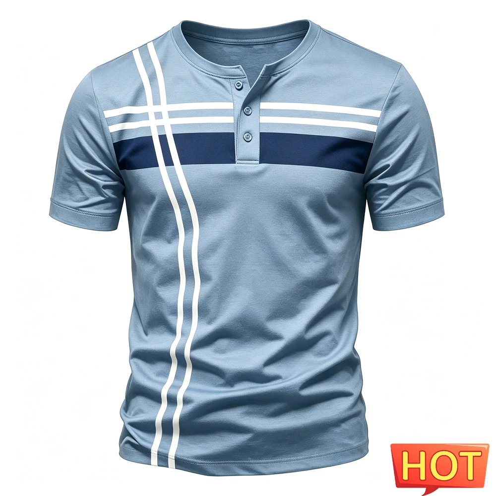 Simple Stripes Print Men Henry T shirts Summer Casual Henry Collar Short Sleeve Button Shirt Fashion Loose Tops Hip Hop Clothing view 5