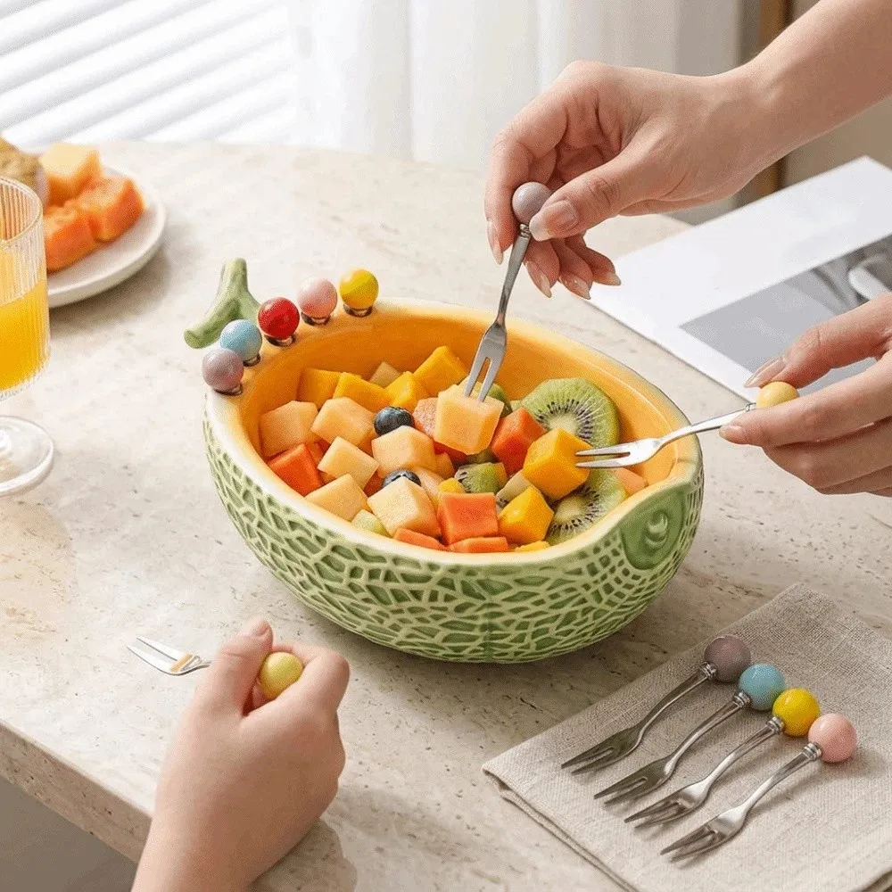Ceramics Fruit Bowl with Fork Large Capacity with 6 Fruit Fork Snack Plate with Fork Ceramic Jar Hami Melon Shape
