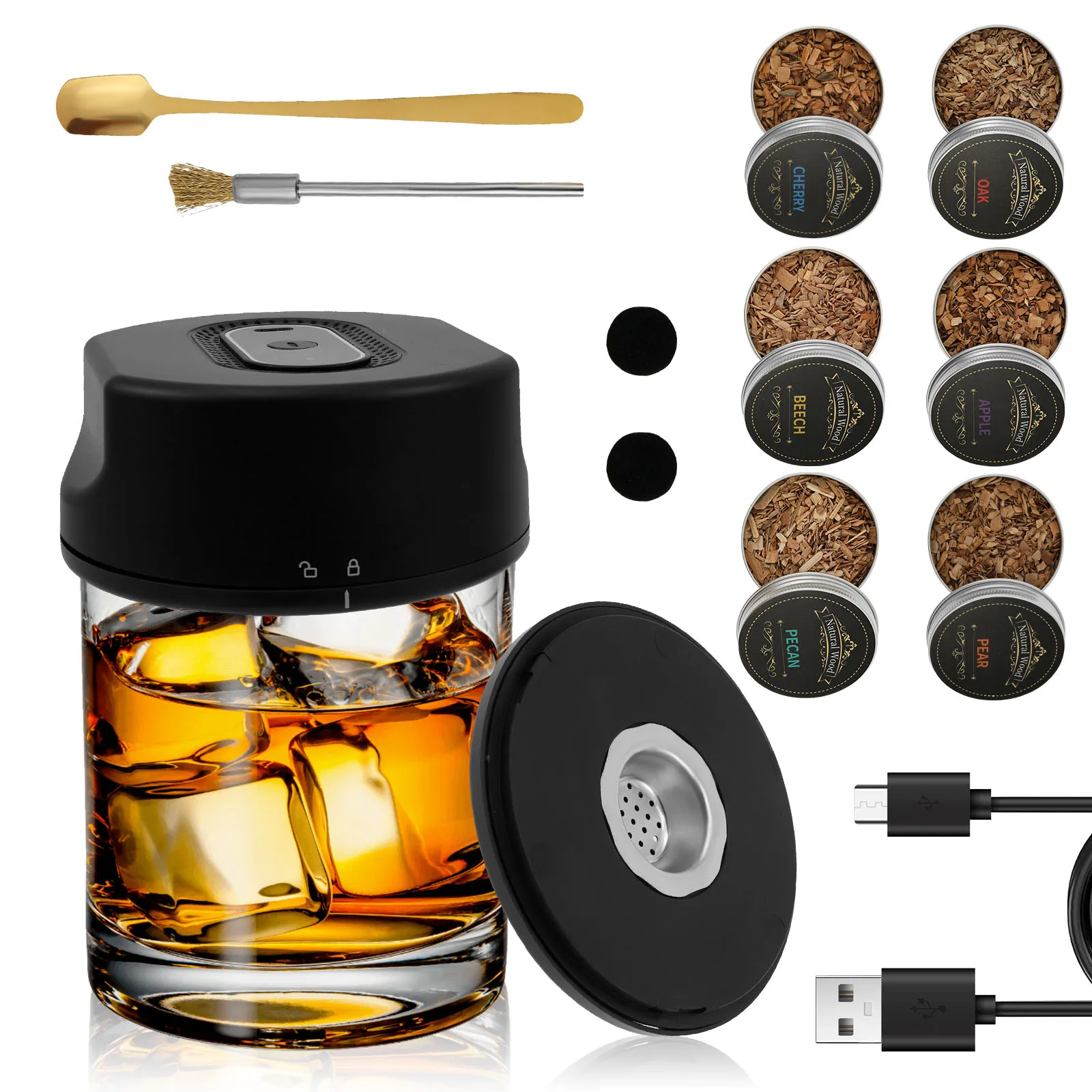 Elektrisches Whiskey-Räucher-Set mit 6 Geschmacksrichtungen, Holzspäne, wiederaufladbares Cocktail-Räucher-Set, kein Butan erforderlich, für Männer, Vater, Ehemann