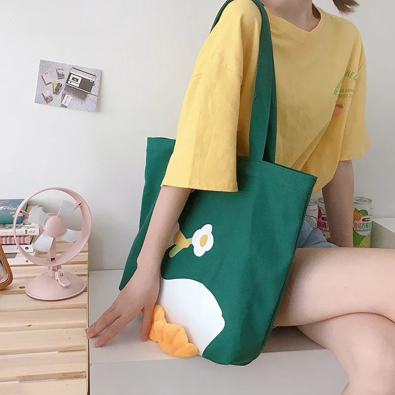 New Large Women Shoulder Shopper Bag Cute Duck Cartoon Print Casual Kawaii Canvas Tote Shopping Bag Cotton Cloth Eco Handbags