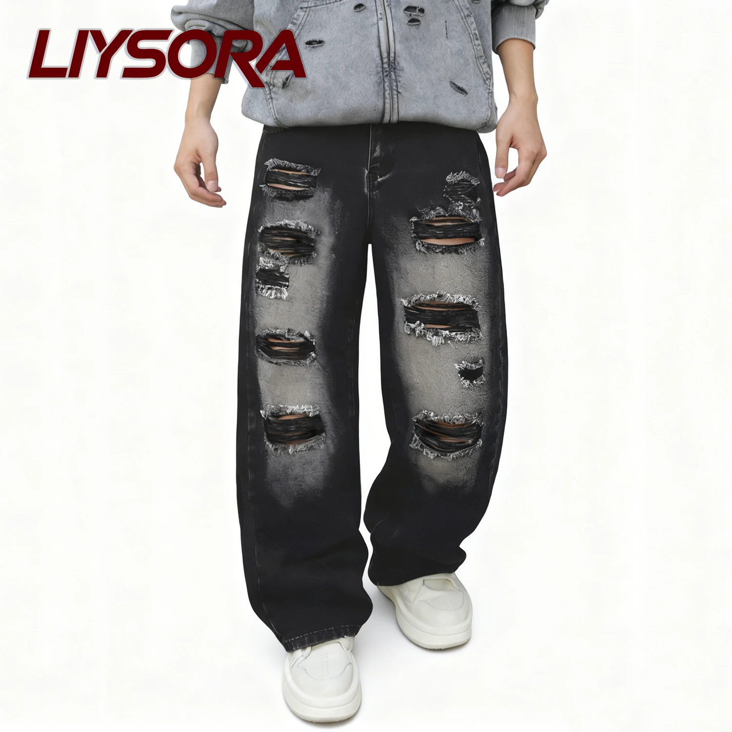 

American Retro Men's Black Baggy Wide Leg Ripped Jeans Gothic Tear Style Unisex Loose Street Straight Leg Denim Pants Clothes