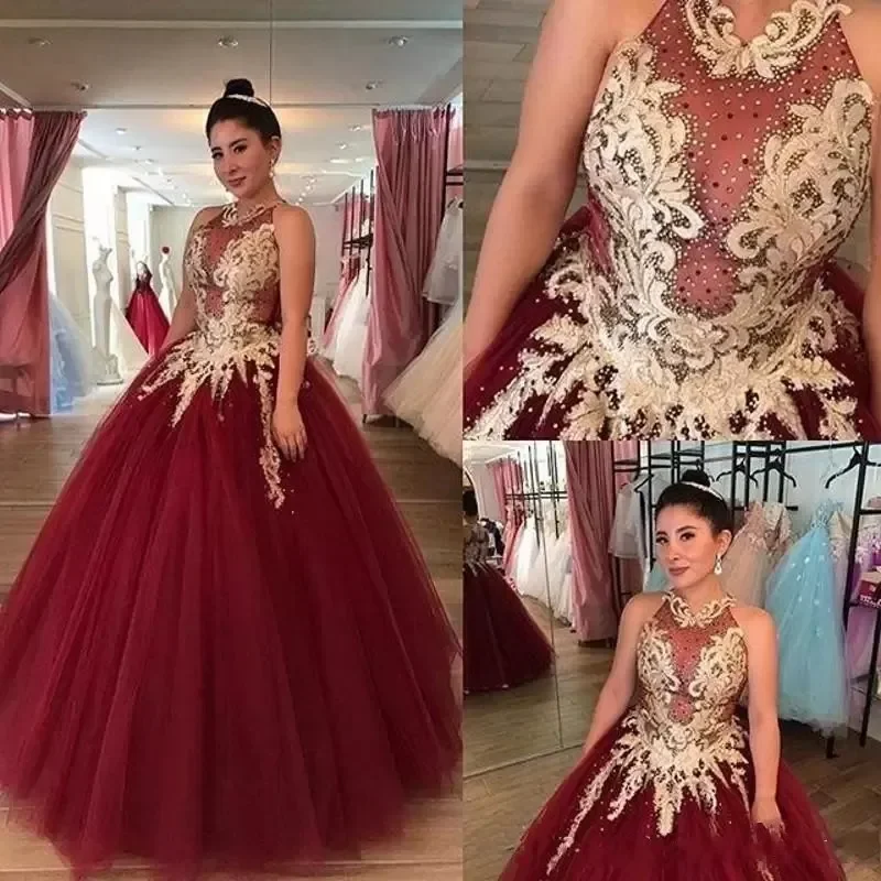 Vestidos de Quinceañera de cuello alto burdeos, 15 vestidos de fiesta Sexy, apliques hasta el suelo, vestidos formales de princesa de Cenicienta