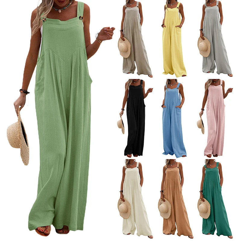 

S-5XL 13Colors Strap Wide Leg Pockets Jumpsuits Pants Loose Casual Bohemian High Waist Sleeveless Woman Summer Dungarees Overall