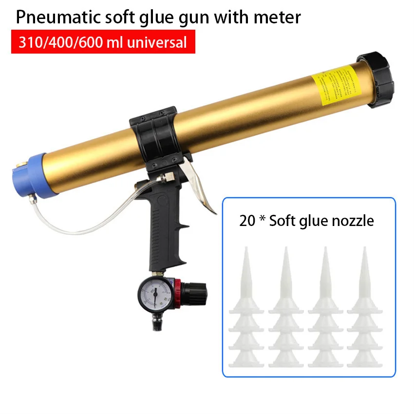 

600ml Soft Rubber Pneumatic Glass Glue Gun Foaming Sealant Filling Tool Adjustable Pressure And Low Noise 20PCS Glue Nozzle Sets