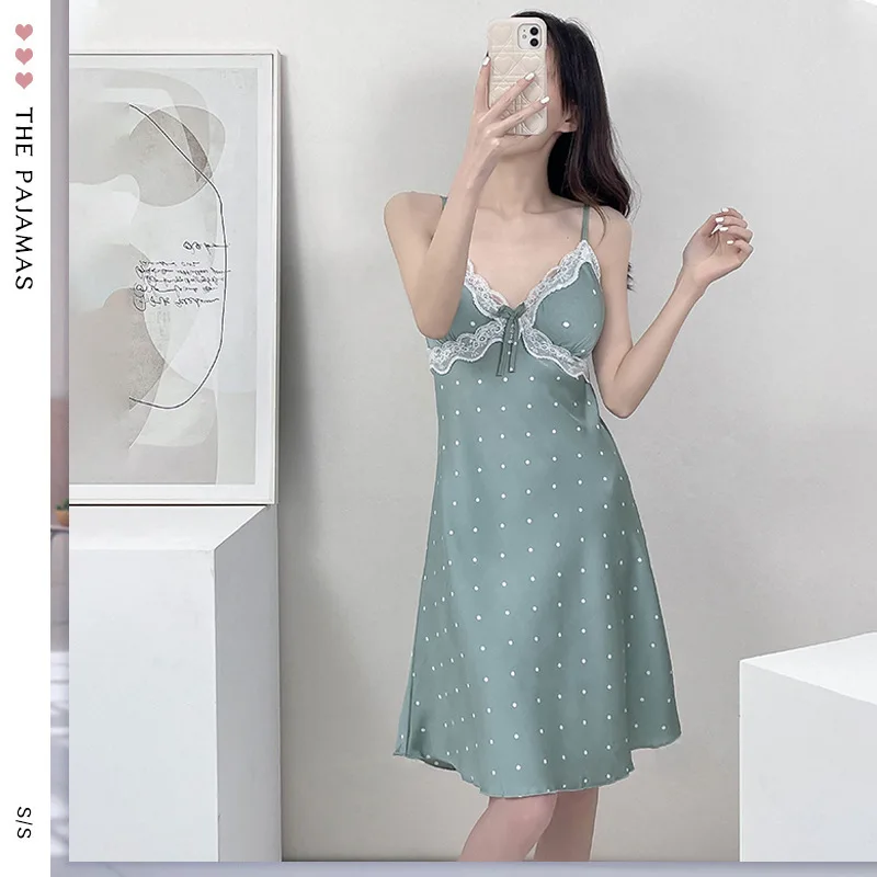 

Summer Breathable Ice Silk Suspender Pajamas with Chest Cushion and Polka Dot Ice Silk Pajamas