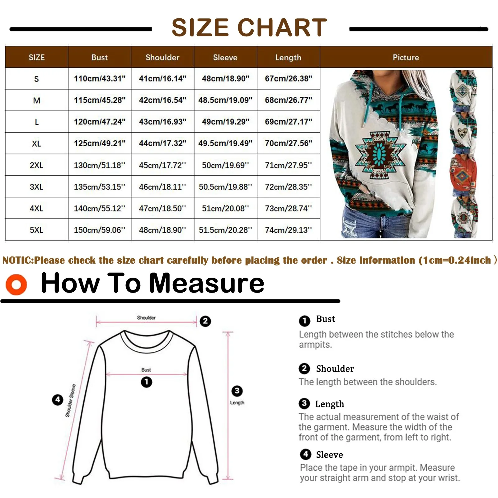 Womens Casual Geometric Horse Print Long Sleeve Drawstring Pullover Tops, Ethnic Style Hooded Sweatshirt