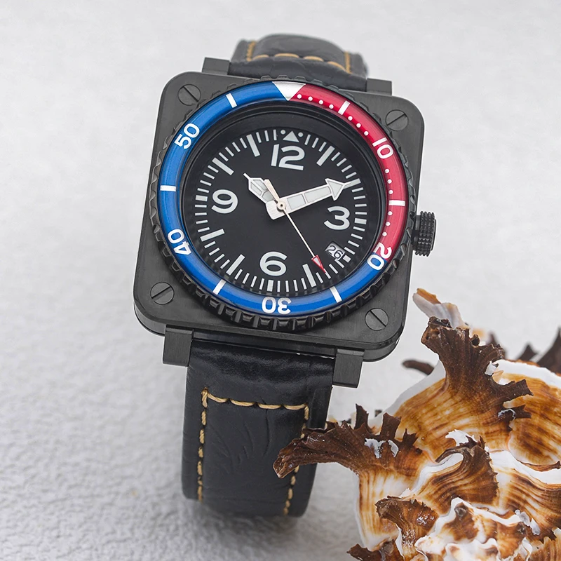 NH35 quadrante nero orologio quadrato in acciaio inossidabile vetro zaffiro Fit NH35 NH36 movimento automatico 20ATM orologio subacqueo impermeabile