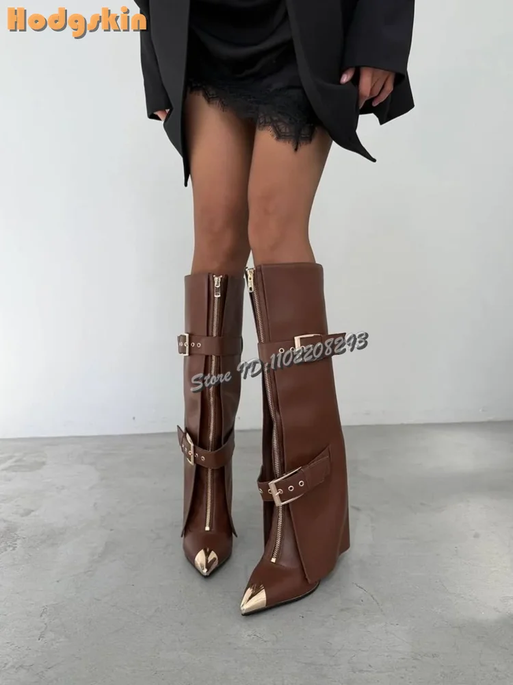 

Metal Pointed Toe Stiletto Boots Belt Buckle Straps Knee High Boots Front Zipper Women Fashion Modern High Heels Shoes 2025 New