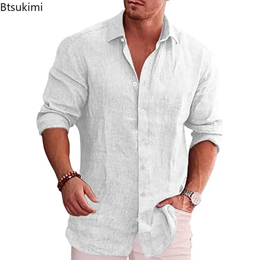 New Men's Cotton Linen Long Sleeve Shirts Spring Autumn Solid Color Business Casual All Match Shirts Vacation Style Tops for Men