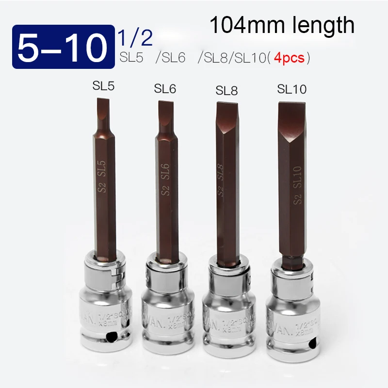 4pcs 1/2 Inch Drive Slotted Bit Socket Set Metric Flat Screwdriver Bit Sockets Hand Tools quick wrench Socket Joint SL5 to SL10