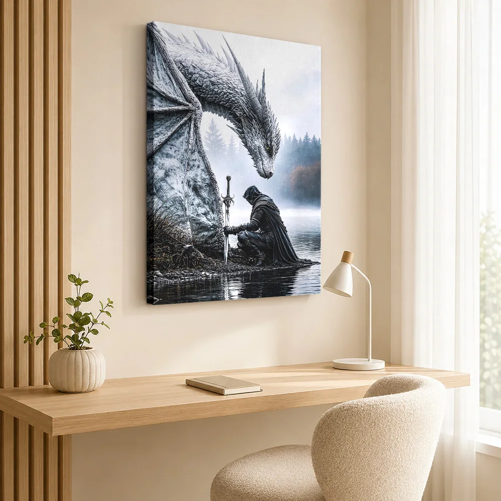 Dragon and Knight in Misty Forest Canvas Print Poster Personalized Photo Travel Landscape Wall Paintings Decoration for Office