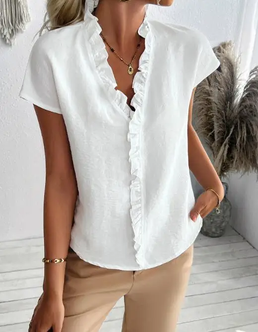 

2026 Spring/summer Casual Elegant New Fashion Simple Black Ear Edge Short Sleeved Shirt Women's Wear