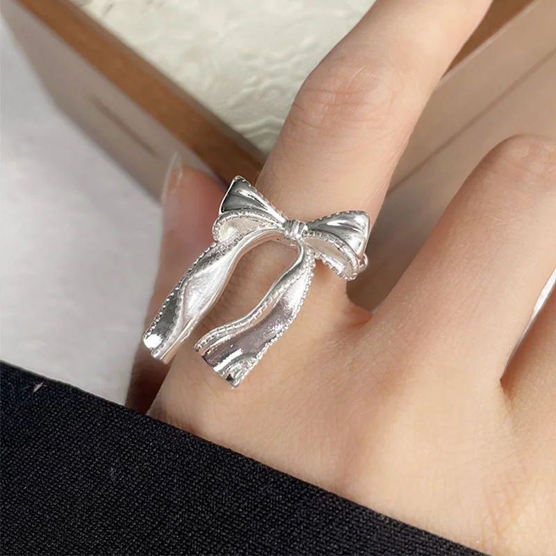 Foxanry 여성용 실버 컬러 긴 나비 매듭 반지, 한국 패션, 달콤하고 우아함, 과장된 클래식 약혼 주얼리 선물